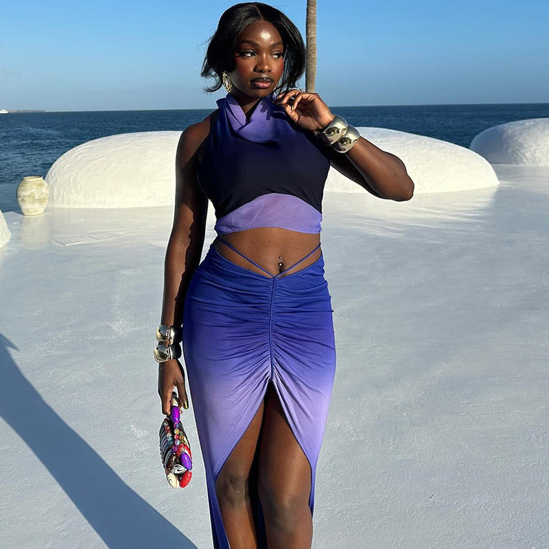 Fashionable Printed Sleeveless Backless Tank Top And Slit Skirt Set