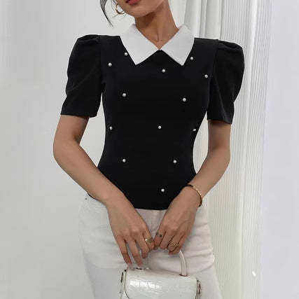Womens Stylish Slim-fit Color-blocked Lapel Short-sleeve Top