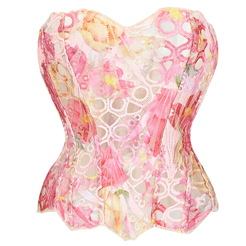 Irregular Lace Fishbone Corset With Mesh Panels And Print For A Sculpting Fit