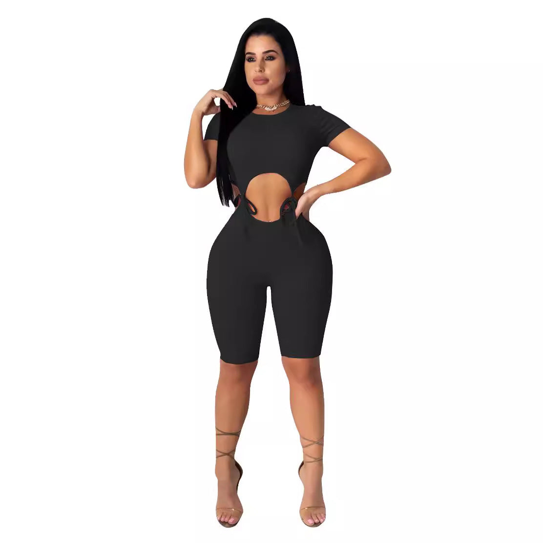 Knitted Tie-front Midriff-baring One-piece Shorts