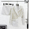 Womens Fashionable Deep V-Neck Heavy-Detailed Beaded Blazer And Skirt Set