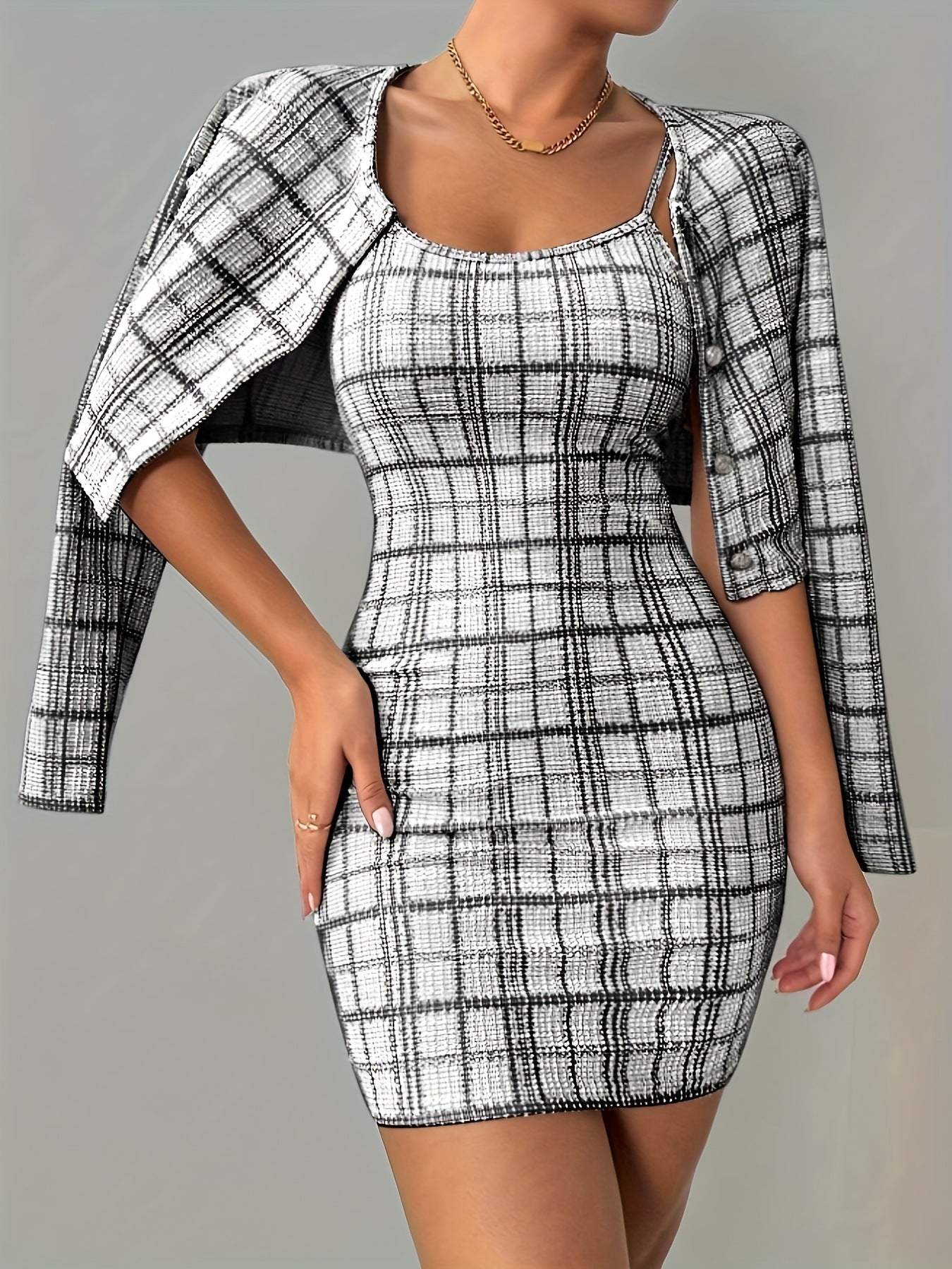 Womens Plaid Long-Sleeve Jacket And Skirt Set