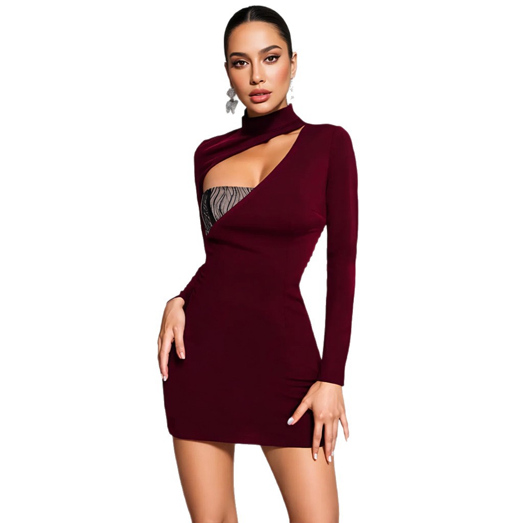 Womens Bodycon Dress With Embellished Hollowed-Out Panels And Spliced Details